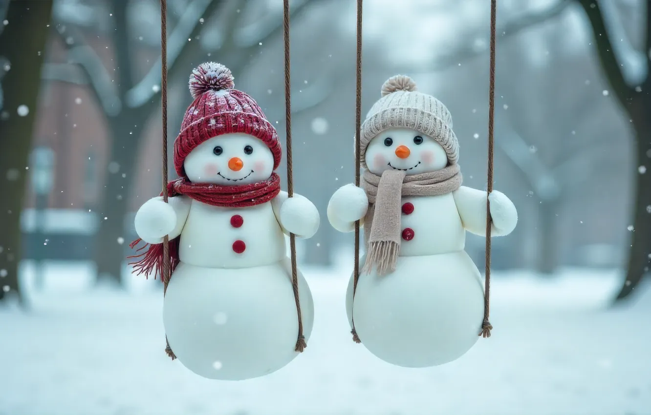 Фото обои зима, снег, парк, качели, новый год, Рождество, снеговик, ИИ-арт