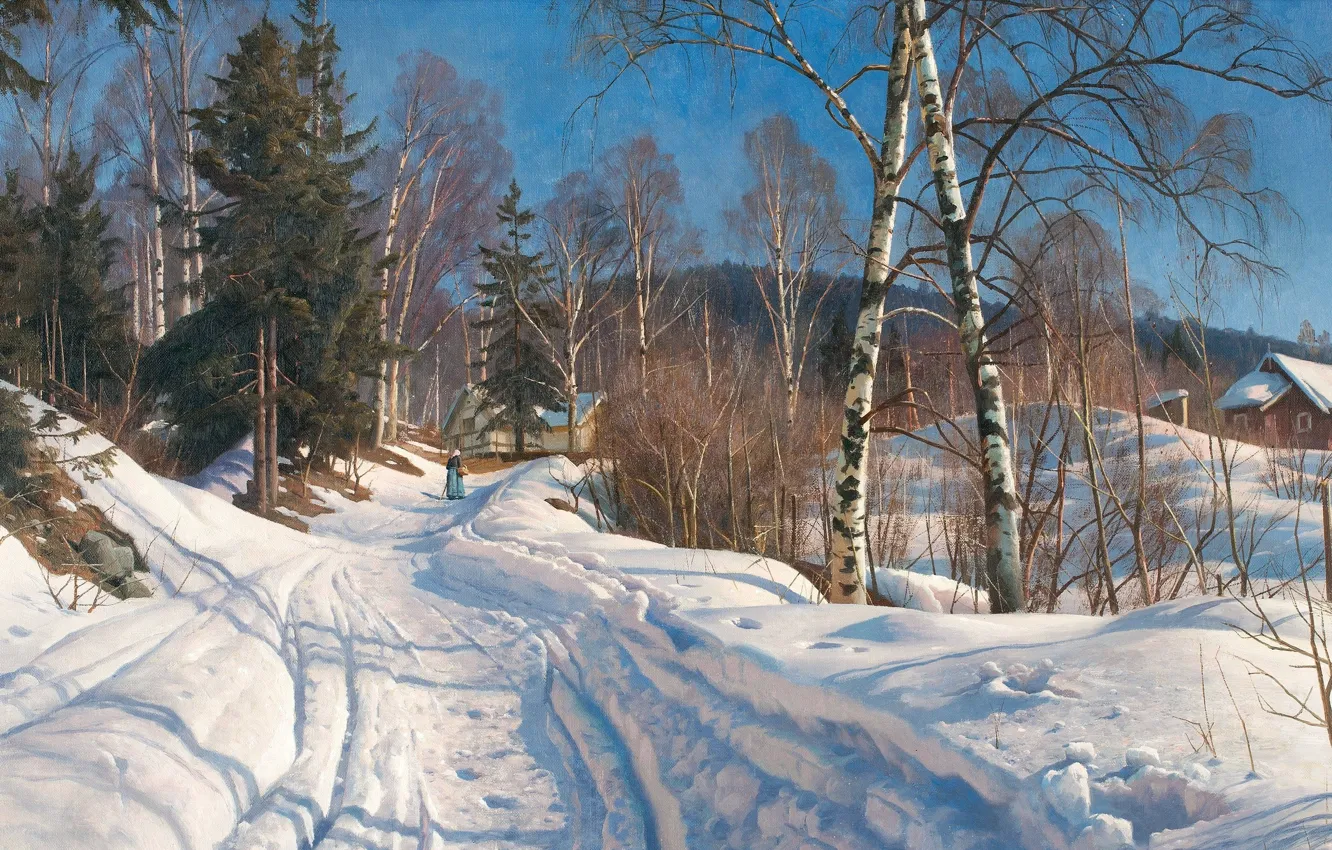 Фото обои датский живописец, 1919, Петер Мёрк Мёнстед, Peder Mørk Mønsted, Danish realist painter, Солнечный зимний пейзаж, …
