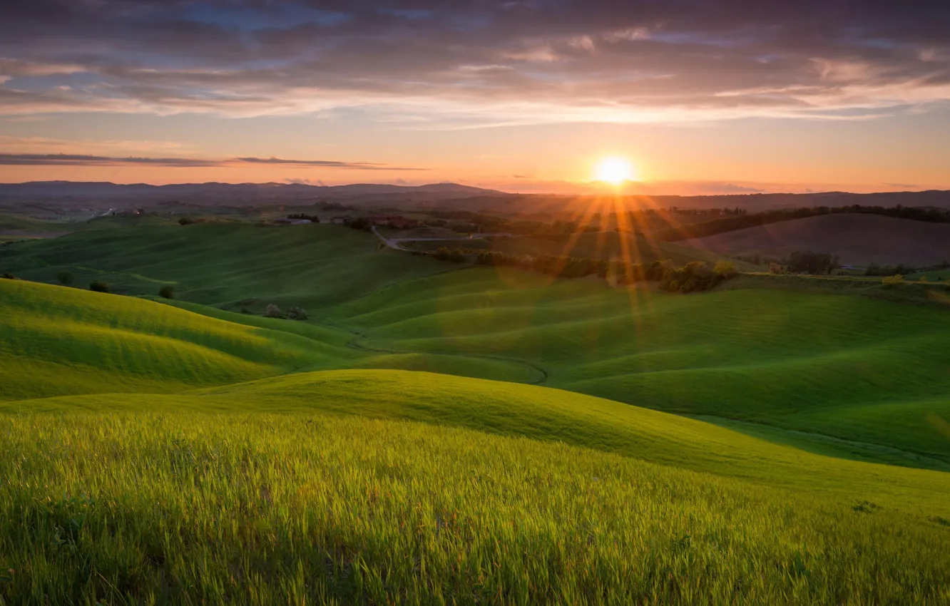 Фото обои поле, солнце, пейзаж, закат, природа, холмы, Италия, Тоскана