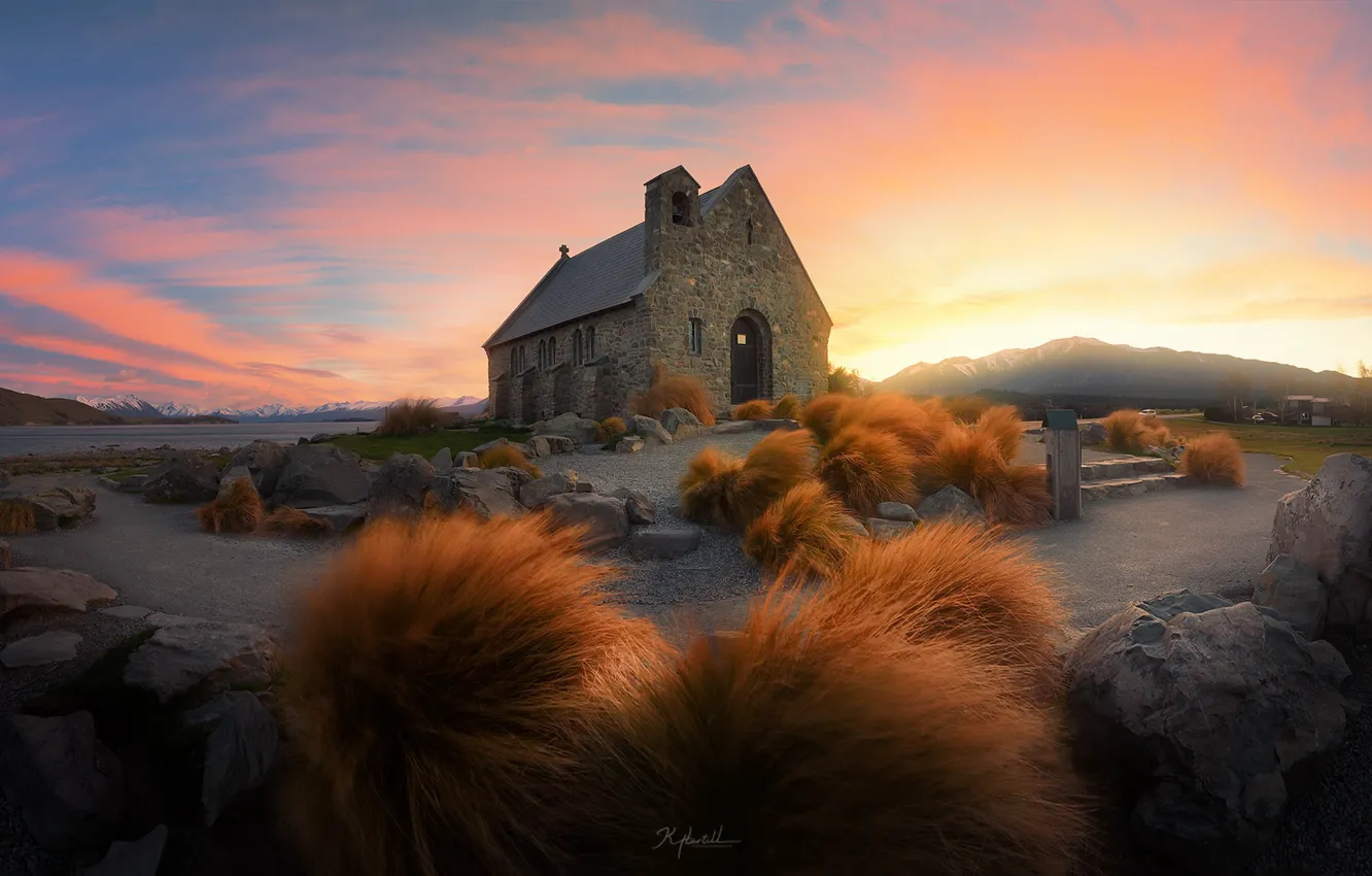 Фото обои sunrise, church, Tekapo