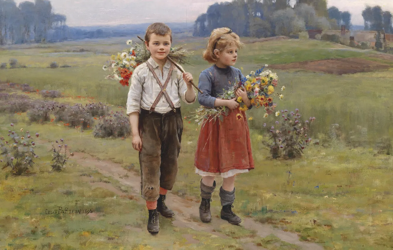 Фото обои французский живописец, 1895, French painter, Цезарь Паттейн, Cesar Pattein, Дети возвращаются домой, Children Returning Home