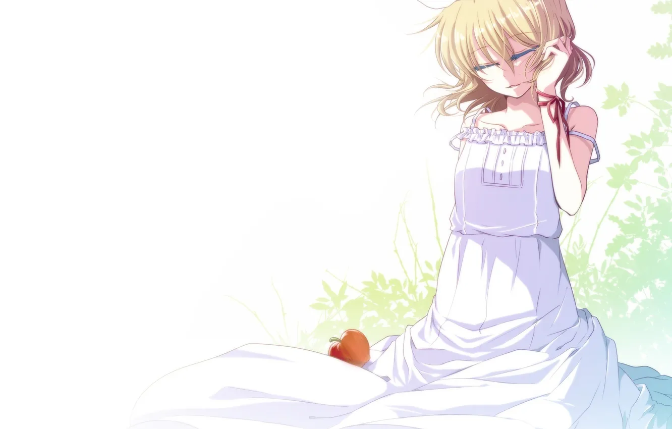 Фото обои девушка, яблоки, арт, фрукты, vocaloid, бант, kagamine rin, вокалоид