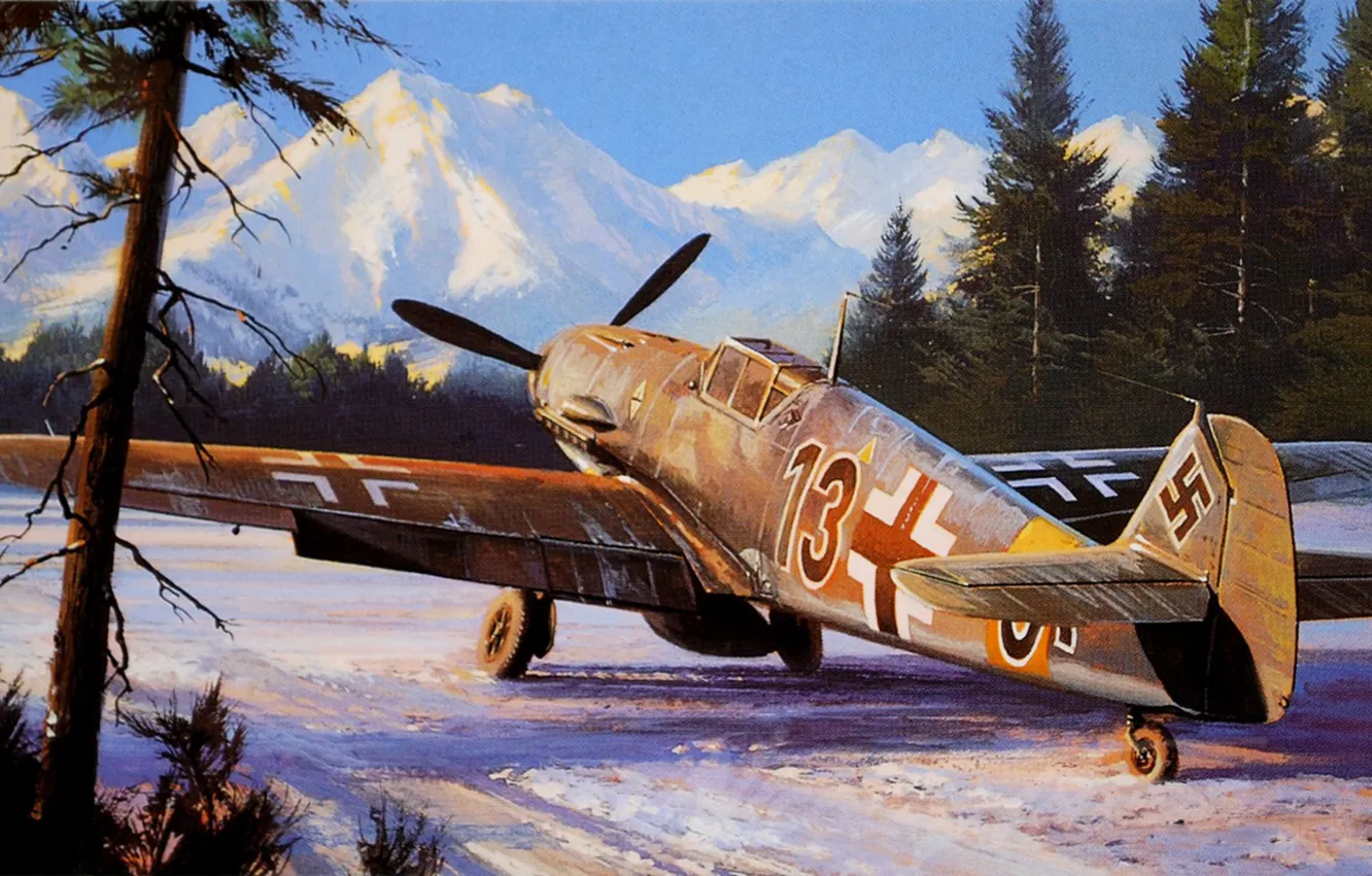 Фото обои зима, рисунок, истребитель, Nicholas Trudgian, Bf109F
