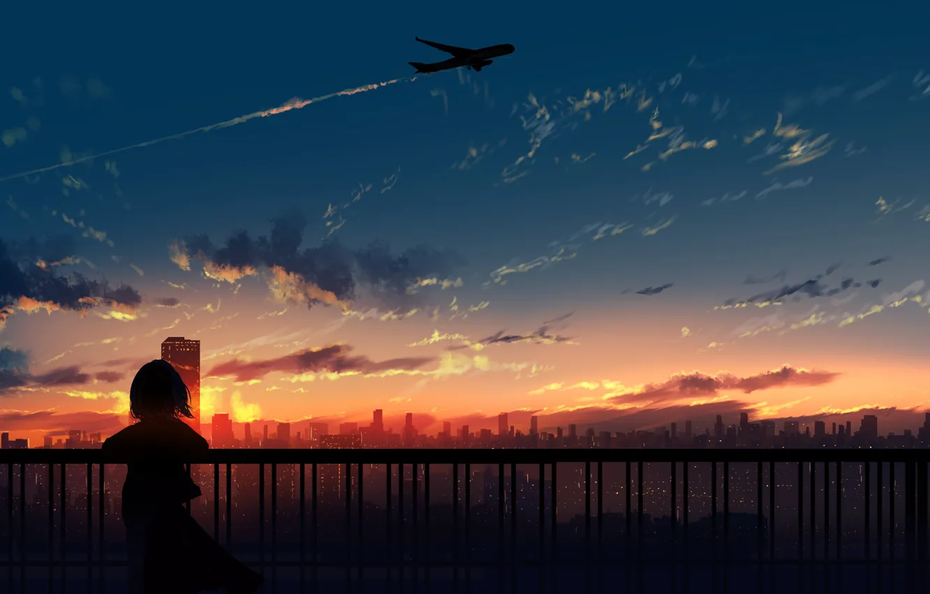 Фото обои небо, закат, город, самолет, девочка