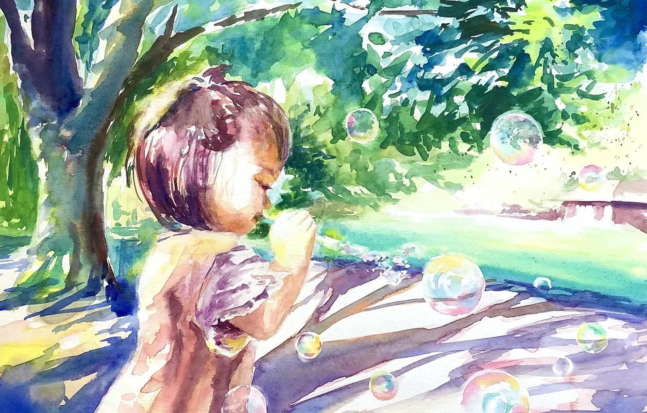 Фото обои лето, мыльные пузыри, девочка