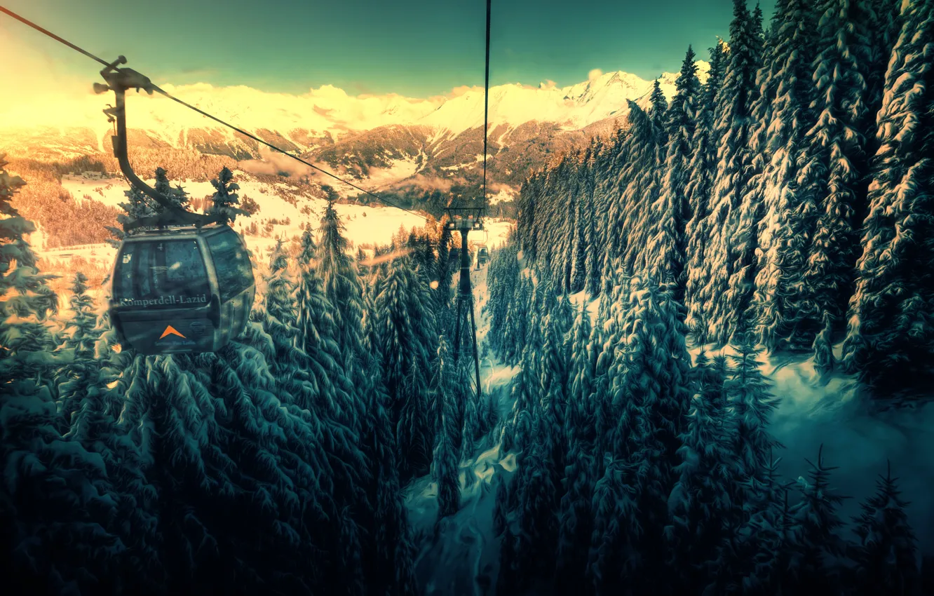 Фото обои лес, снег, горы, обработка, фуникулёр, канатная дорога, back to the valley