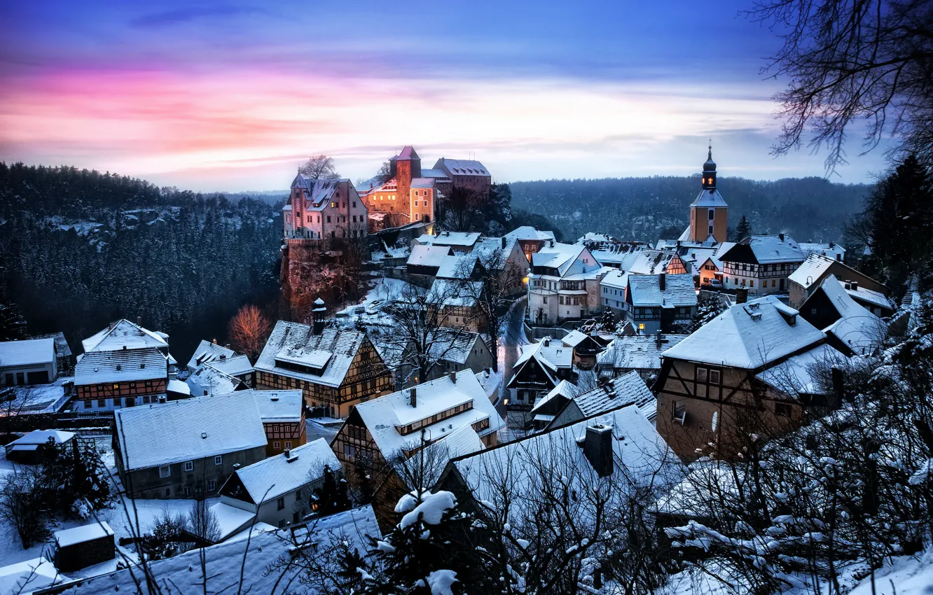 Фото обои зима, лес, снег, деревья, закат, замок, вечер, Германия