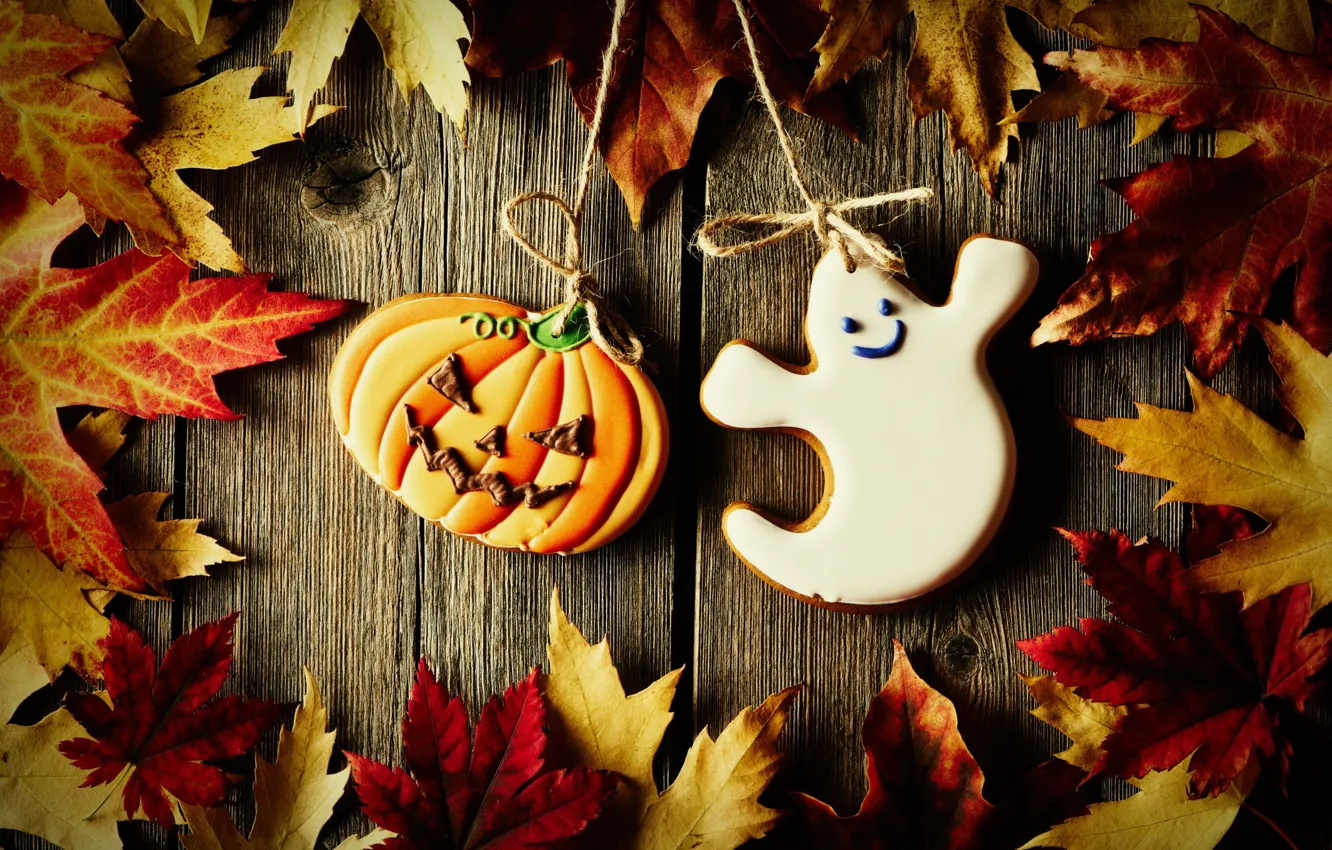 Фото обои доски, веревка, приведение, печенье, Halloween, тыква, хэллоуин, кленовые листья
