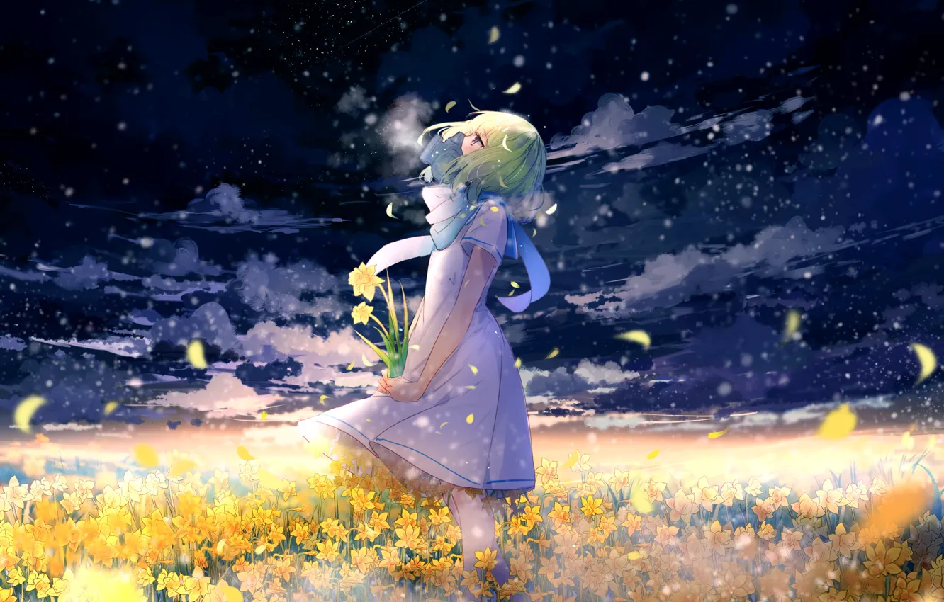 Фото обои лепестки, девочка, белое платье, зеленые волосы, цветочное поле, букетик, смотрит вверх, небо в облаках