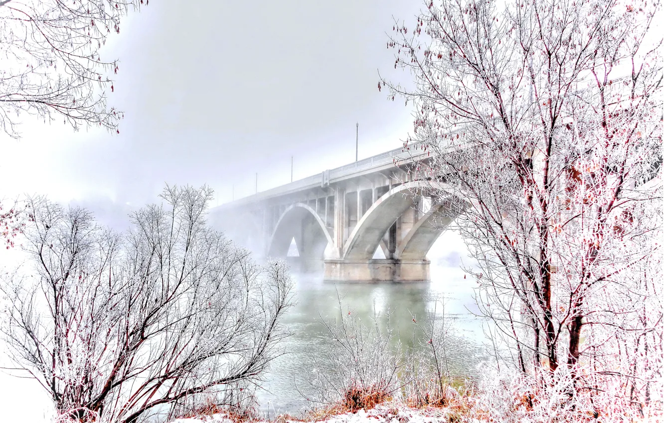 Фото обои Winter, Landscape, Bridge, Snow, River, Trees
