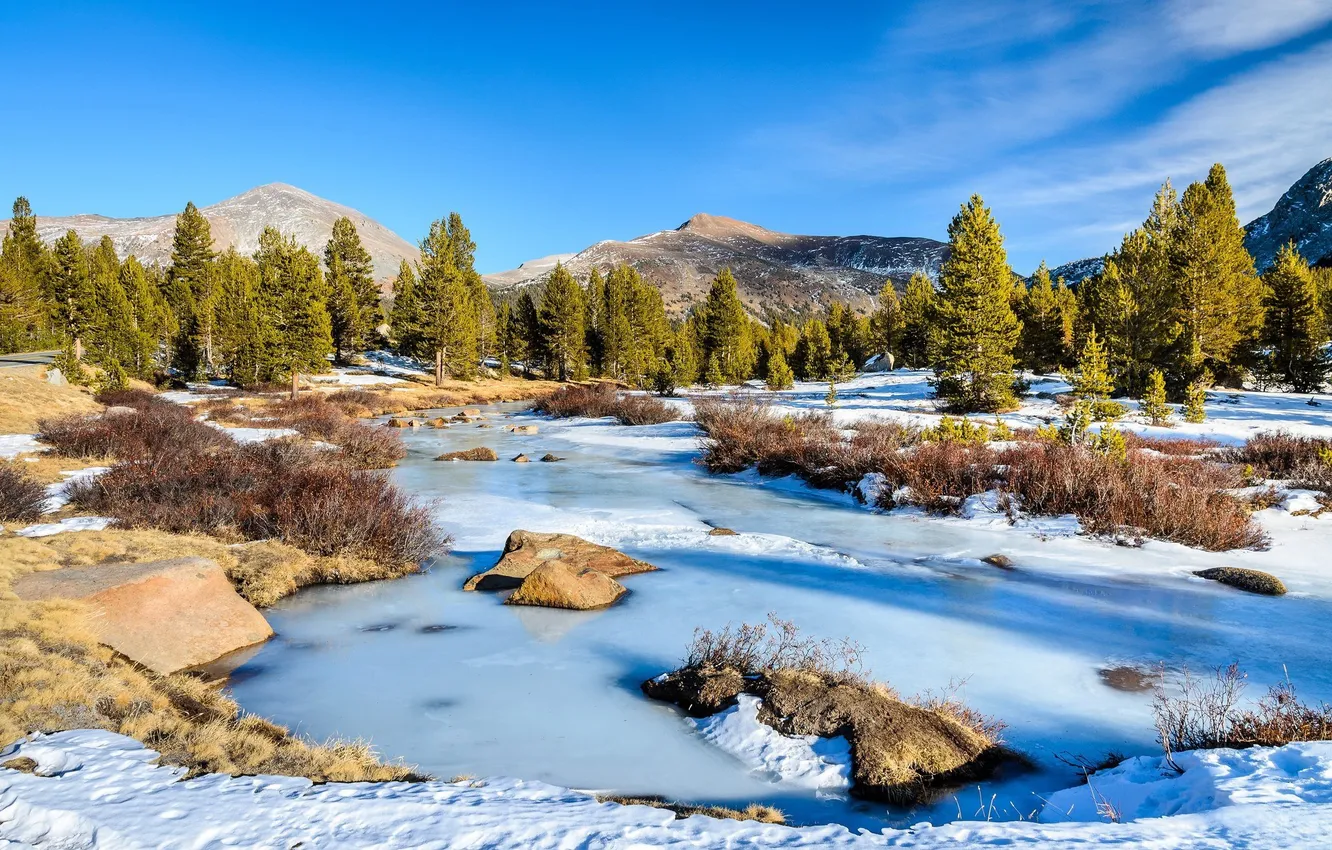 Фото обои лед, зима, небо, снег, деревья, горы, ручей, камни