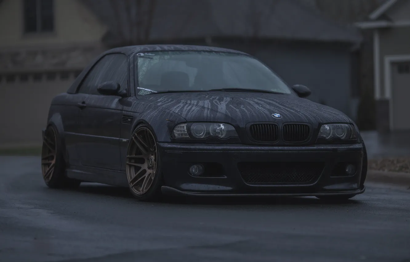 Фото обои BMW, Black, Water, Rain, E46, Drops, Puddle
