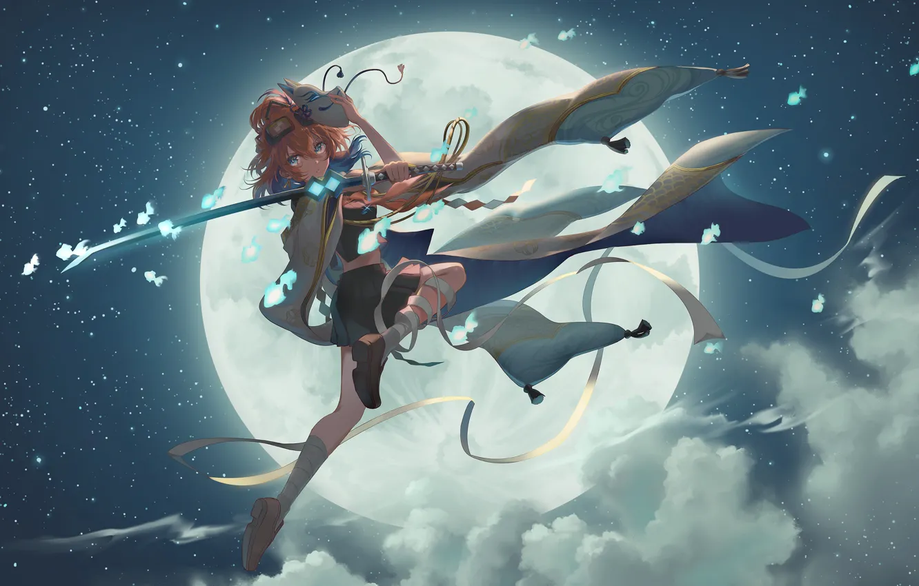 Фото обои небо, девушка, рыбки, ночь, луна, меч