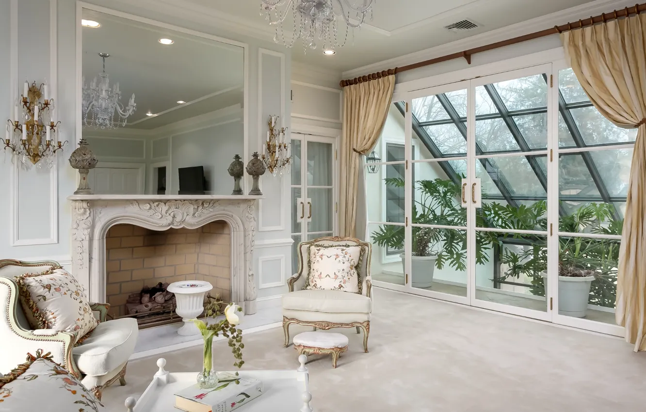 Фото обои белый, дизайн, окно, кресла, камин, гостиная, оранжерея