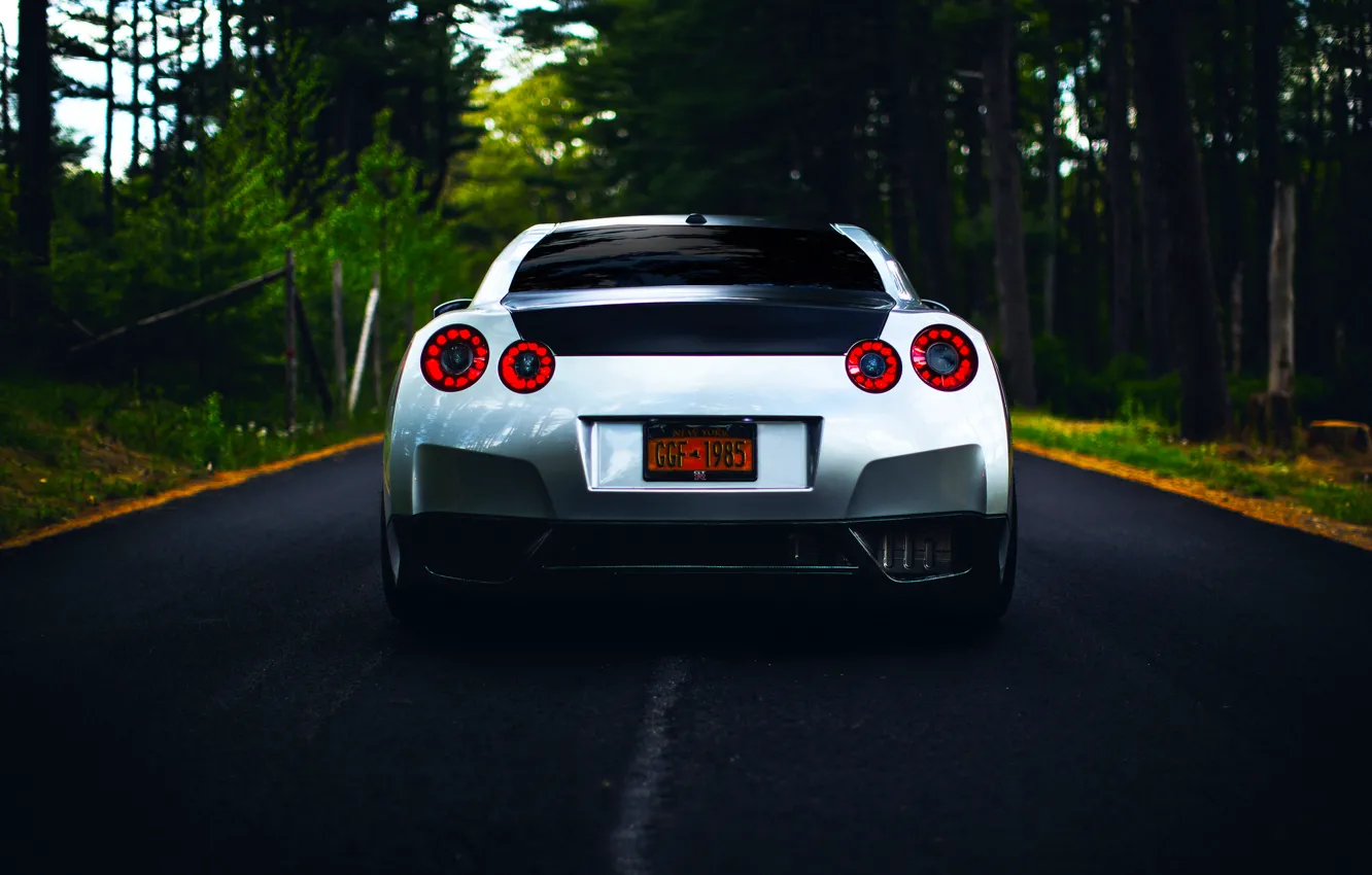 Фото обои GTR, Nissan, R35, Road, Silver, Forest, Rear, Ligth