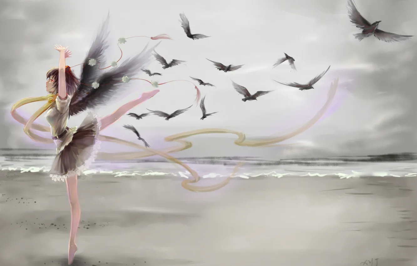 Фото обои море, вода, девушка, птицы, берег, крылья, шарф, арт