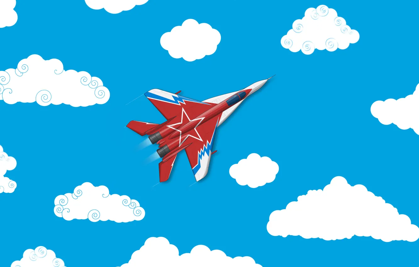 Фото обои Облака, Минимализм, Самолет, Истребитель, Россия, Арт, Вид сверху, МиГ-29