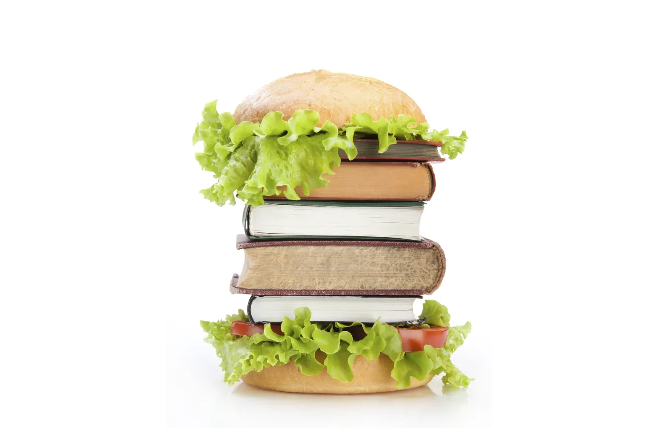 Фото обои книги, гамбургер, булка, салат, пища для ума