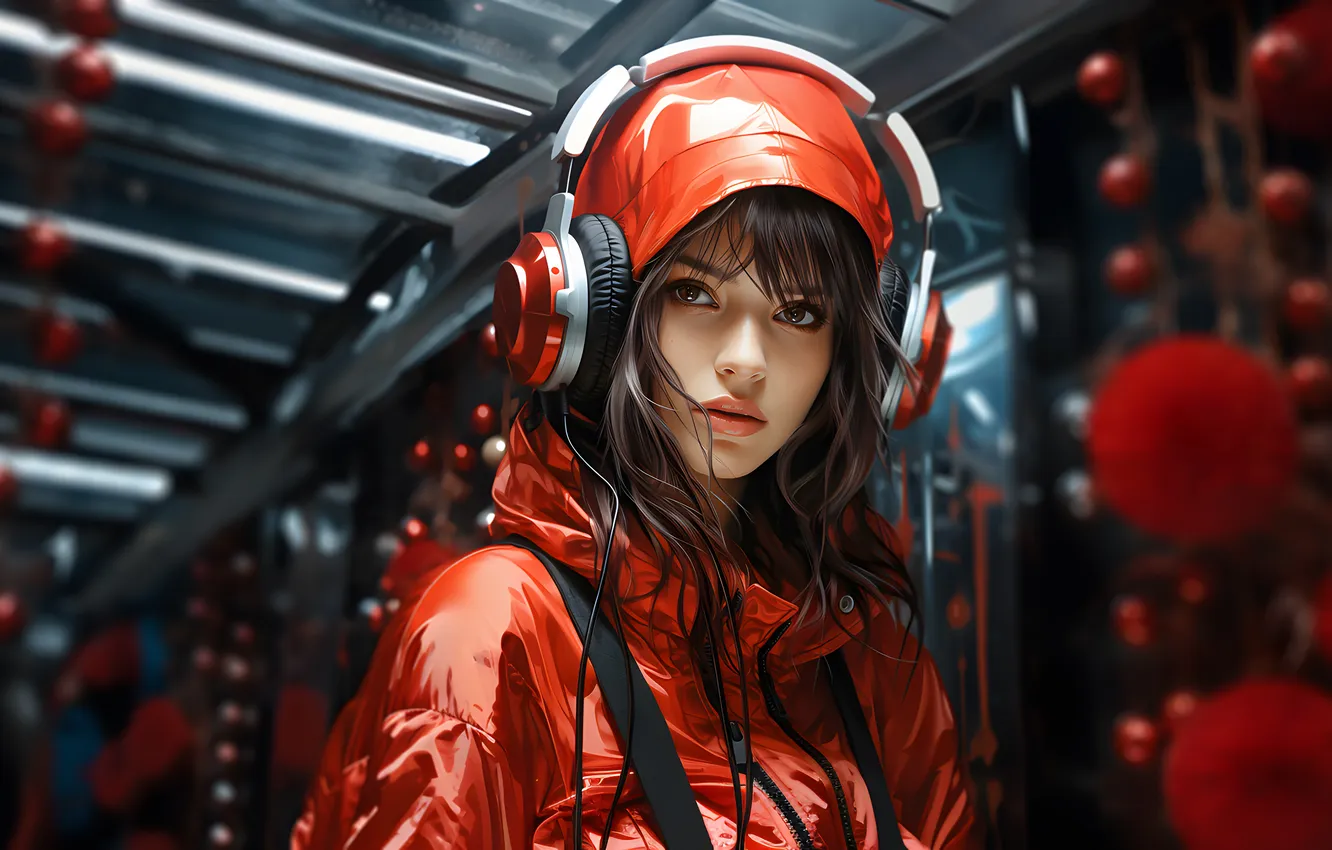 Фото обои girl, headphones, beautiful, look, ai art