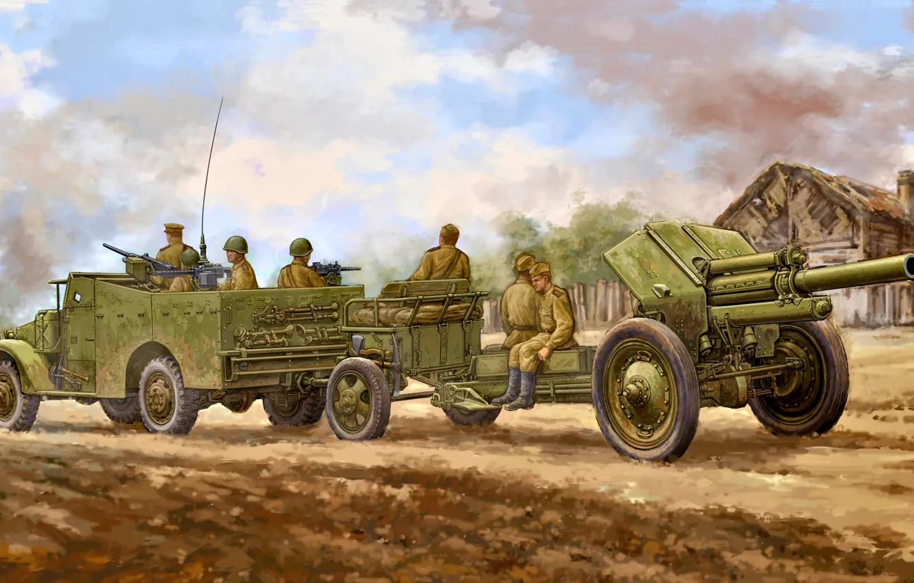 Фото обои Артиллерия, Гаубица, Красная Армия, Бронетранспортёр, 122-мм, М-30, М3А1
