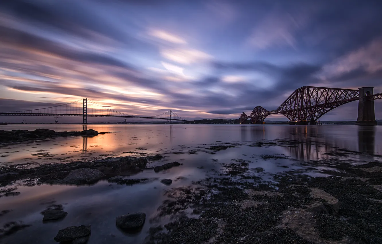 Фото обои небо, облака, мост, река, вечер, Шотландия, Великобритания, river