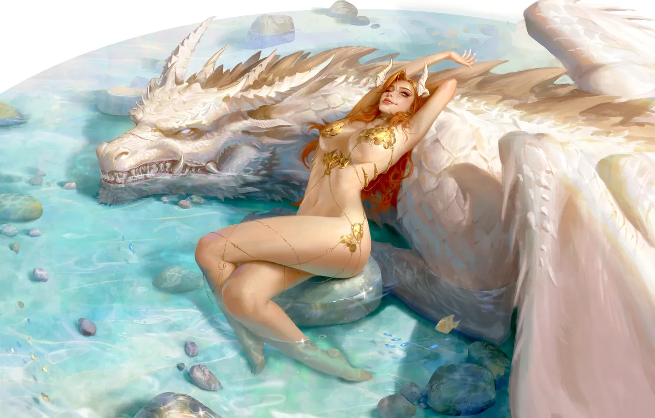 Фото обои girl, fantasy, horns, water, wings, dragon, digital art, body