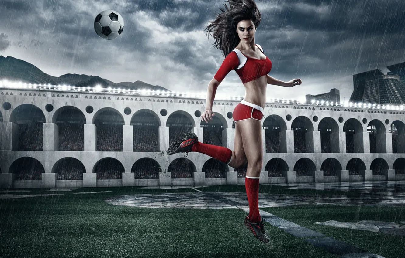Фото обои секси, мяч, удар, красотка, стадион, 2014, Brazil World Cup