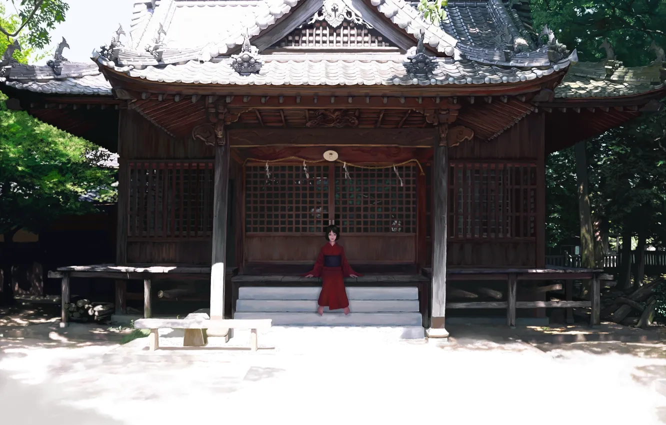 Фото обои девушка, дом, арт, храм, кимоно, юката, солнечно, erhu