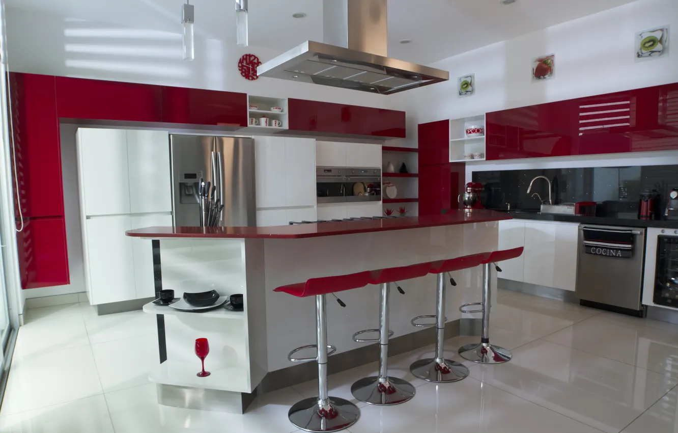 Фото обои red, design, decoration, kitchen