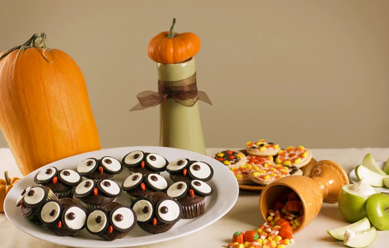 Фото обои яблоки, печенье, тарелка, Halloween, тыква