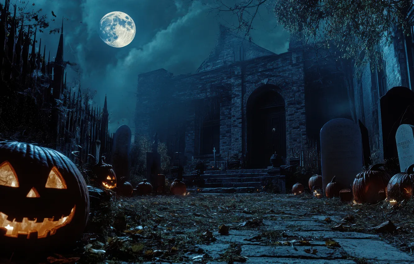 Фото обои Ночь, Луна, Тыквы, Halloween, Хэллоуин, Цифровое искусство, Кладбище, Жутко