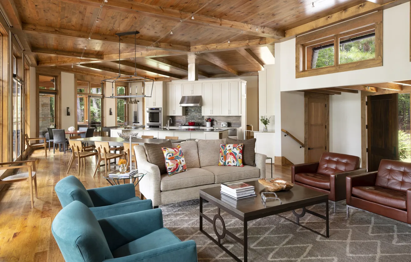 Фото обои стиль, интерьер, кухня, гостиная, столовая, Lakehouse, дизайнн, living room and kitchen interior design