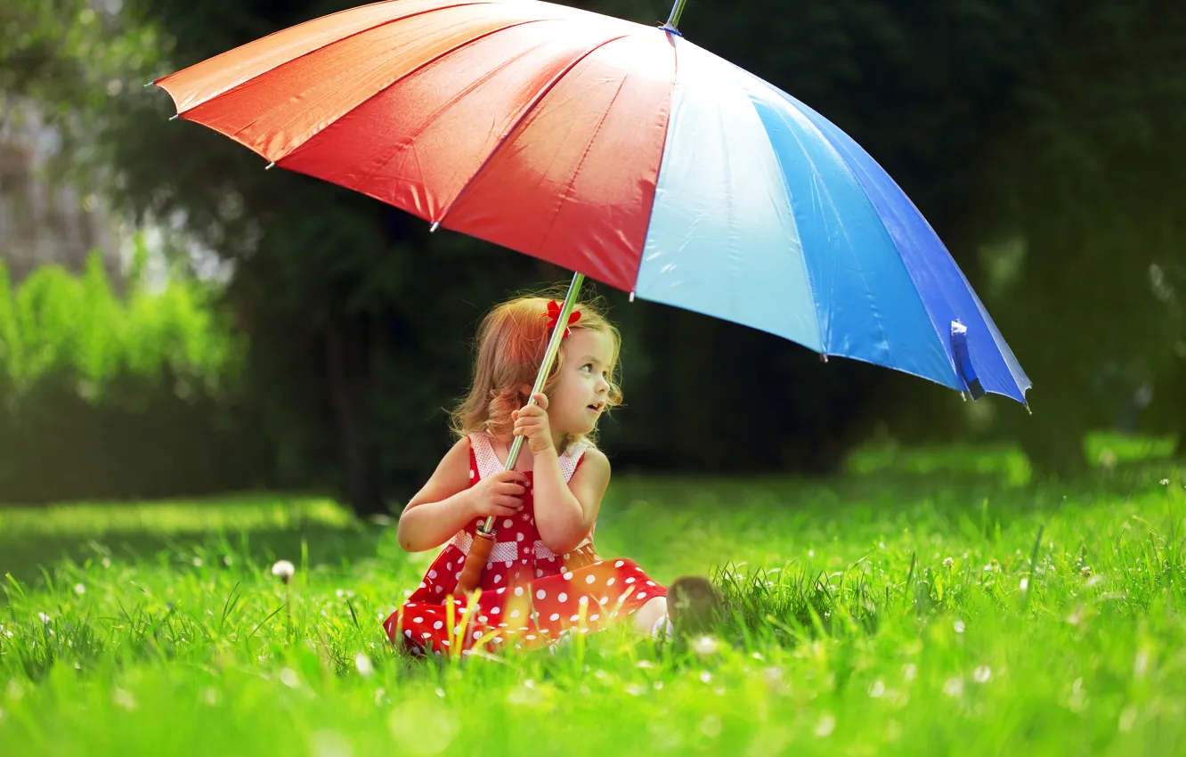 Фото обои трава, деревья, природа, зонтик, ребенок, горошек, платье, девочка