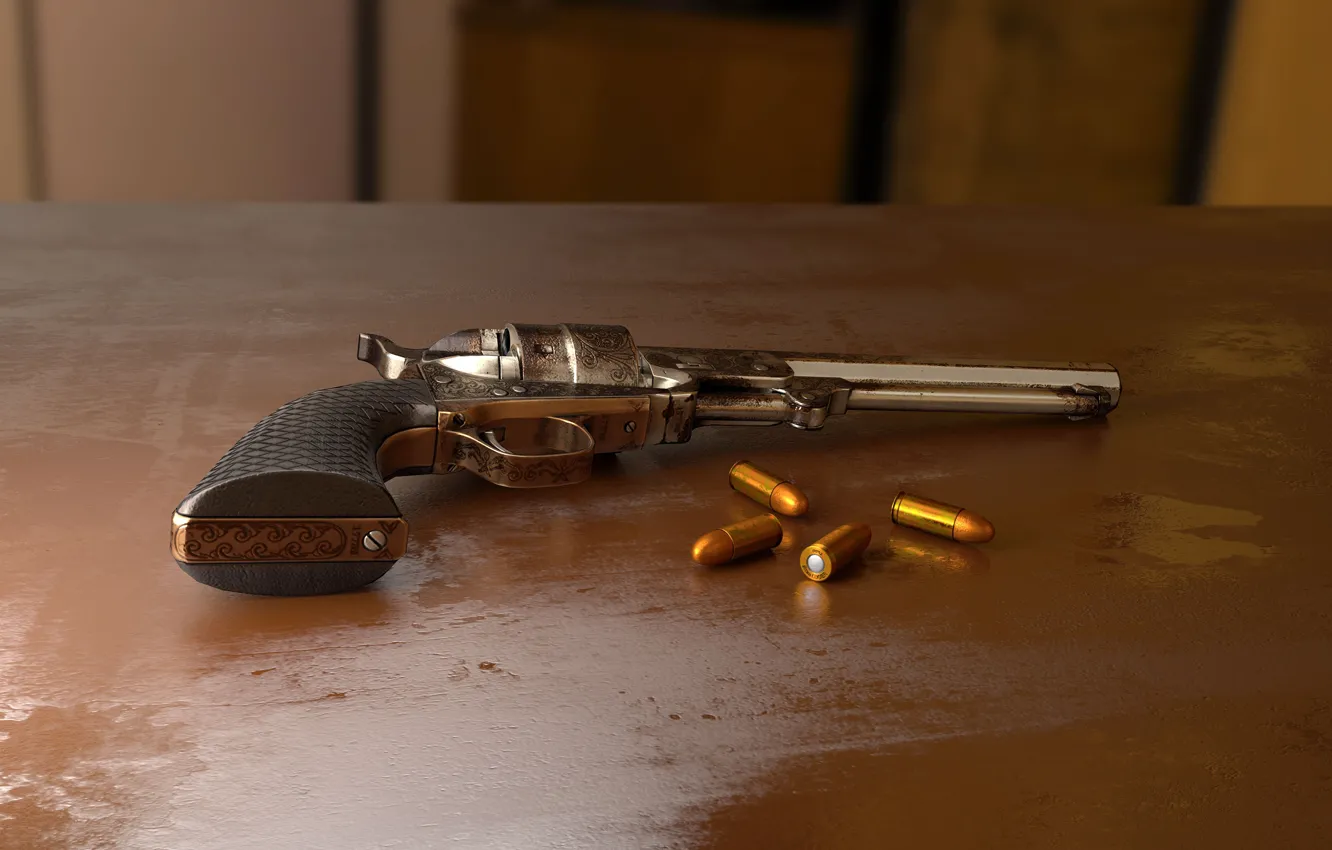 Фото обои рендеринг, пистолет, оружие, стол, патроны, компьютерная графика