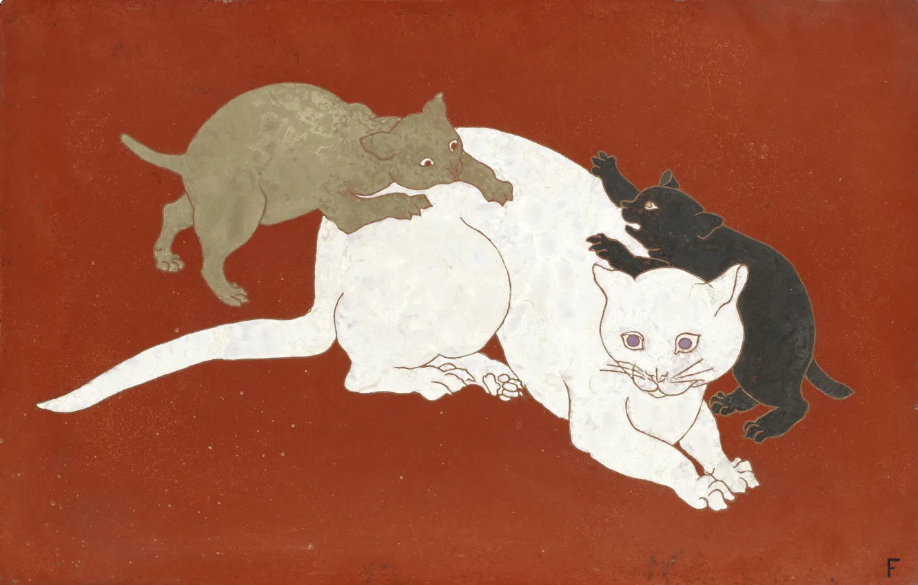 Фото обои orange, 1930, Tsuguharu Foujita, Кошка и котята