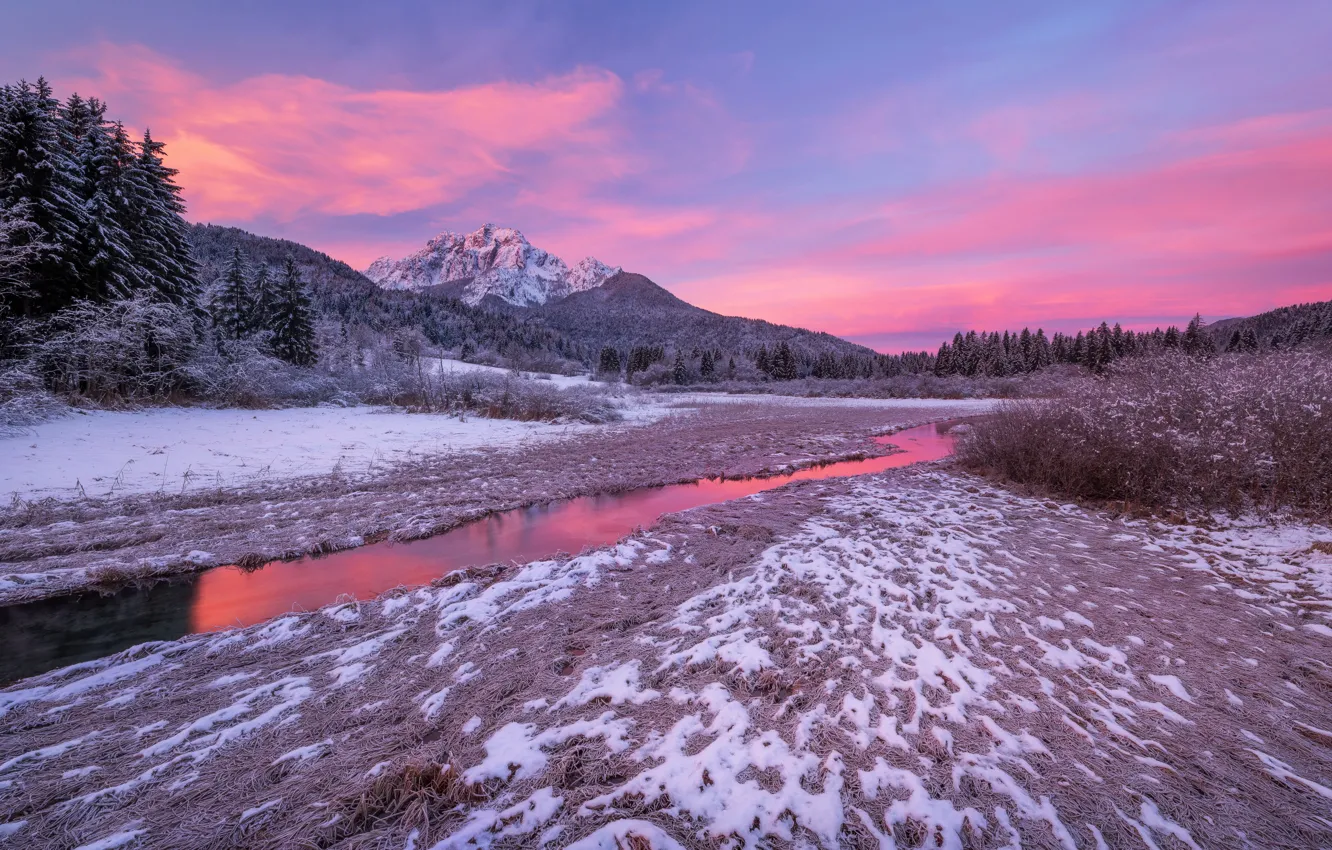 Фото обои зима, горы, рассвет, утро, речка, Словения, Slovenia, Юлийские Альпы