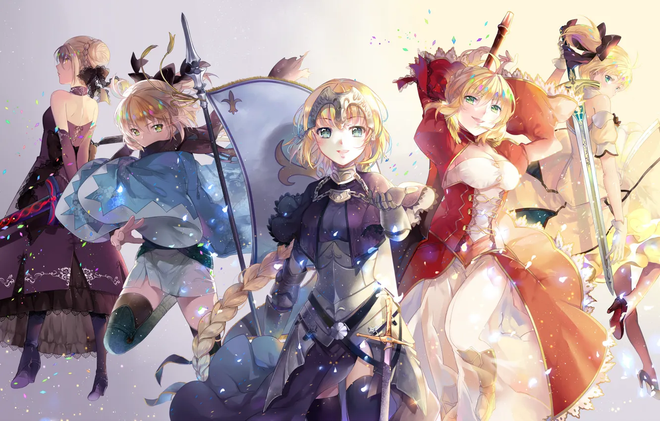 Фото обои улыбка, оружие, девушки, меч, аниме, арт, saber, saber lily