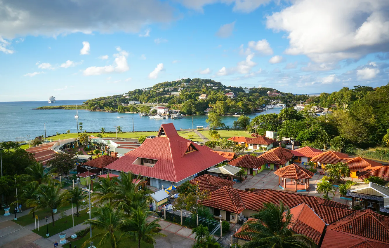 Фото обои пейзаж, пальмы, побережье, панорама, домики, Карибское море, Saint Lucia, Сент-Люсия
