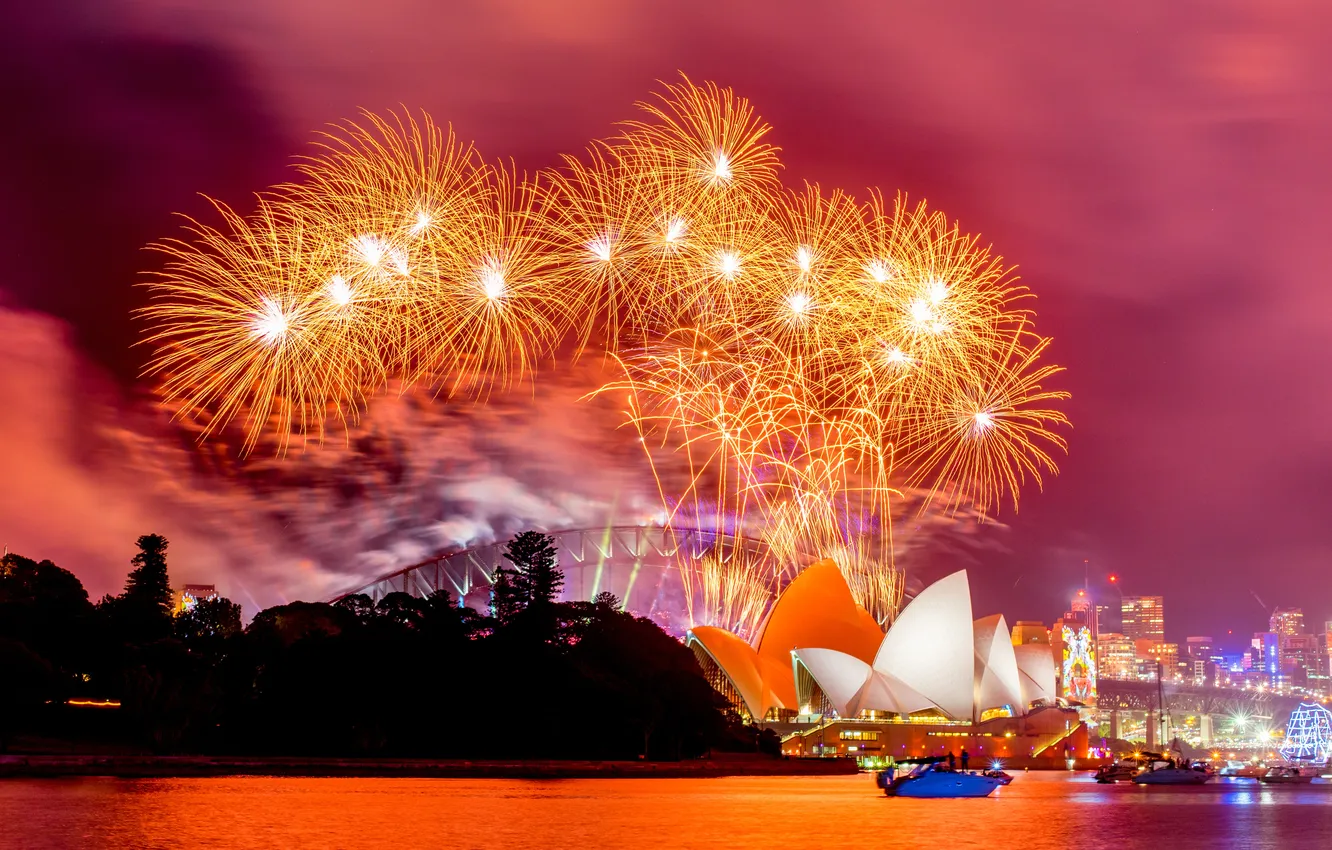 Фото обои light, new year, happy, landscape, new, fireworks, holiday, harbor