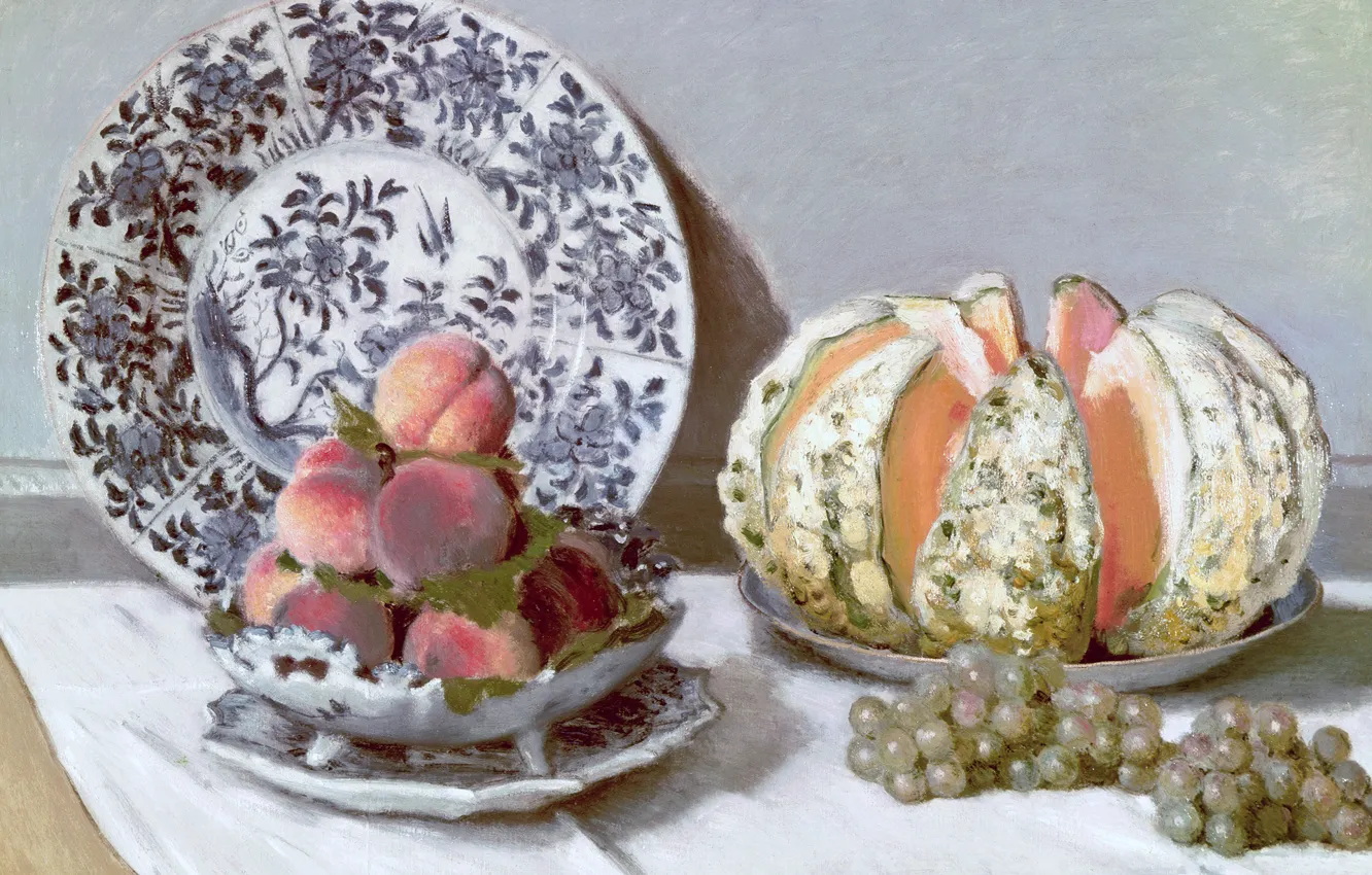 Фото обои картина, виноград, персики, блюдо, Клод Моне, Натюрморт с Дыней