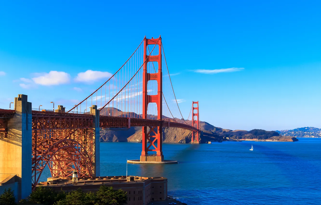 Фото обои небо, облака, мост, залив, Сан-Франциско, Золотые ворота