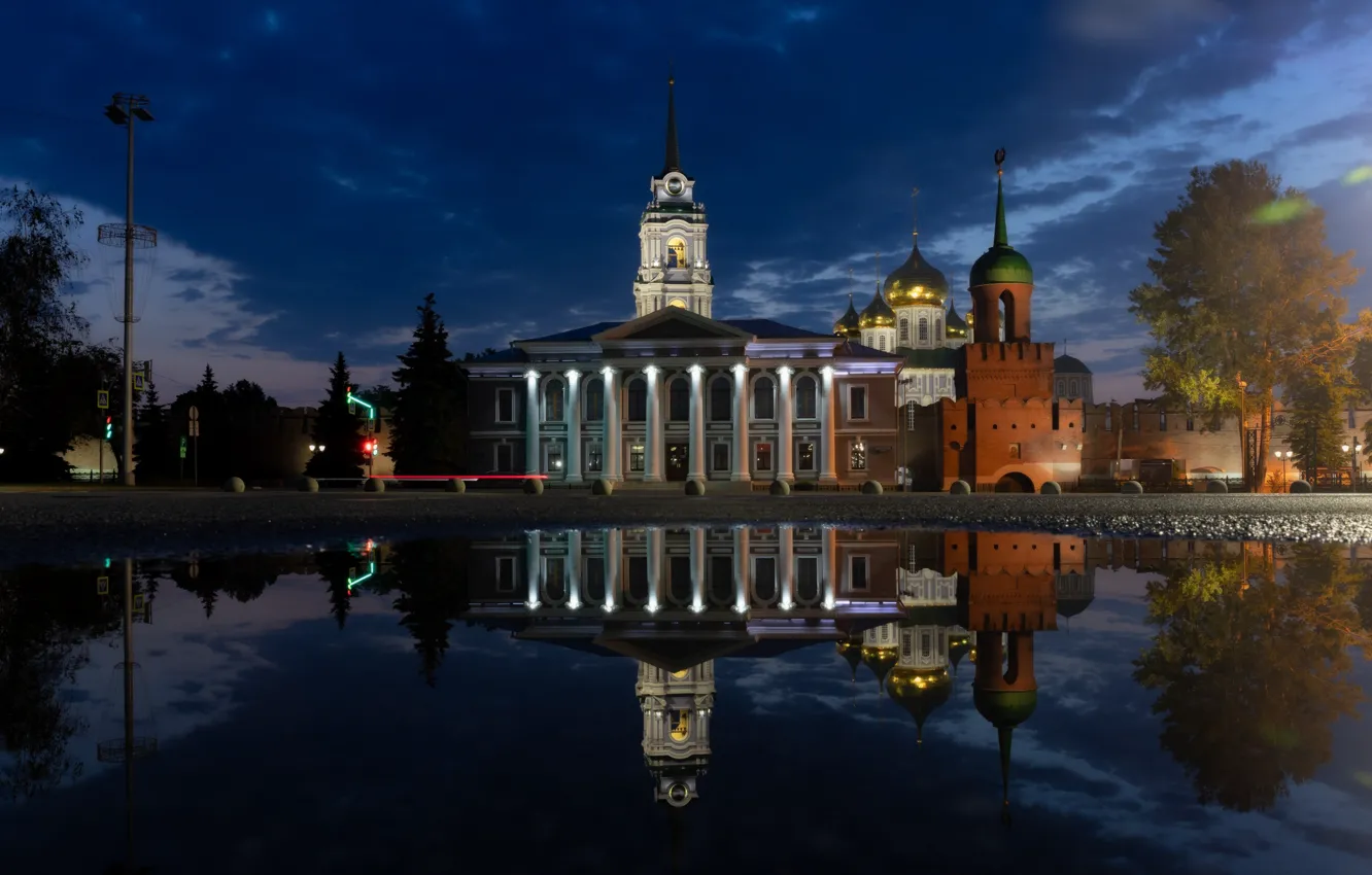 Фото обои вода, ночь, город, отражение, Кремль, купола, Тула, Павел Трефилов
