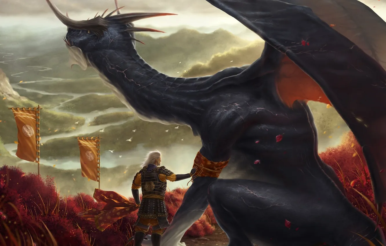 Фото обои ветер, дракон, человек, лепестки, шарф, арт, рога, повязка