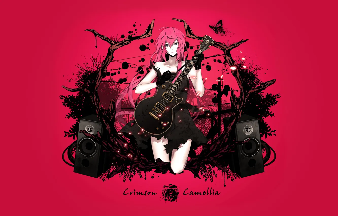 Фото обои music, guitar, Megurine Luka, loudspeaker, Crimson Camellia