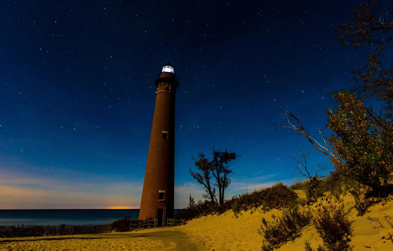 Фото обои звезды, ночь, берег, маяк, Мичиган, США, Oceana