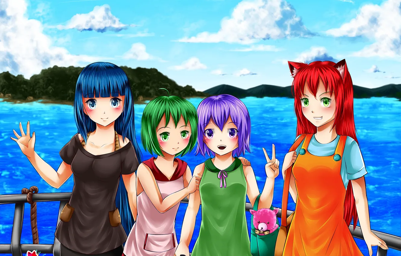 Песня подруг девчата текст. Аои Хару. Три девочки зелёная красная и голубая. Игра про девочку с синими и красными волосами.