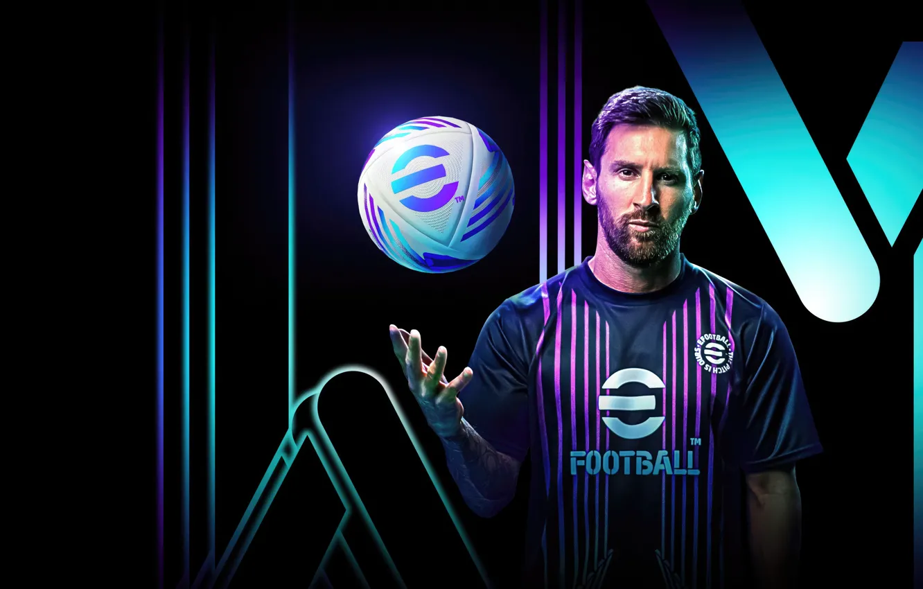 Фото обои мяч, неон, Месси, Mobile Game, 2024, Мобильная гра, Efootball, Efootball 2024