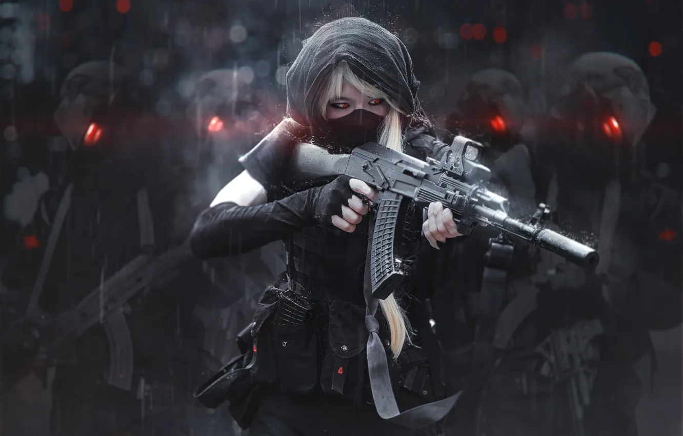 Фото обои gun, soldier, red eyes, women, cosplay, darkness, girls with guns, screenshot