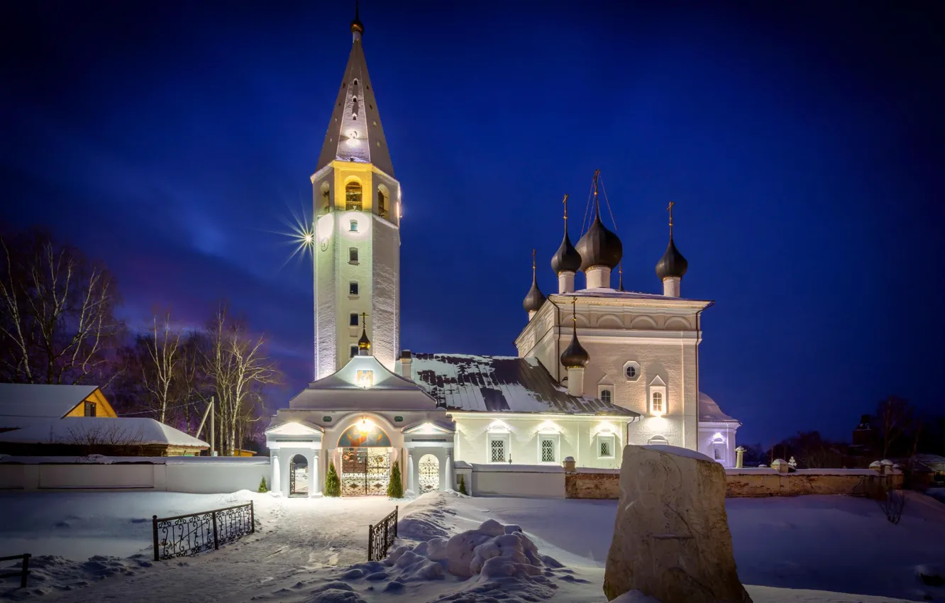 Фото обои зима, снег, пейзаж, ночь, освещение, подсветка, колокольня, Храм Воскресения Христова