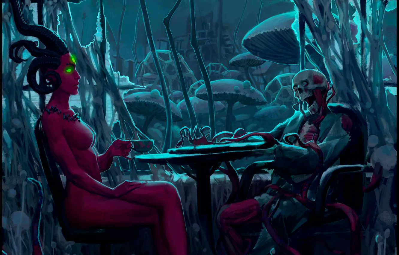 Фото обои стол, встреча, рога, мутант, alexiuss, мертвец, romantic apocalyptic, Zee Captain
